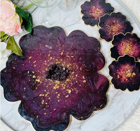 Plum Colored Flower Resin Coaster Set